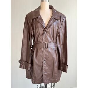 Vintage 60s 70s Brown Leather Short Trench Coat‎ Jacket Belted XL Made in USA